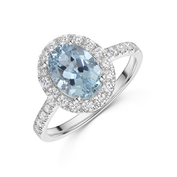 18ct White Gold Oval Cut 1.65ct Aquamarine Halo Ring with Diamond Shoulders