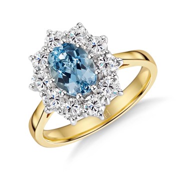 18ct Yellow Gold 1.24ct Oval Cut Aquamarine and 1.10ct Diamond Cluster Ring