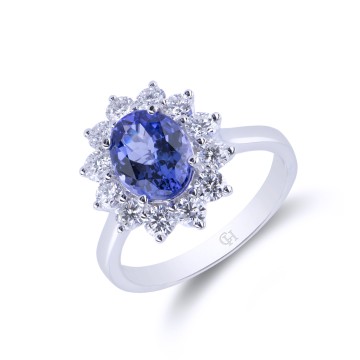 18ct White Gold Oval Cut Tanzanite and Brilliant Cut Diamond 2.61ct Cluster Ring