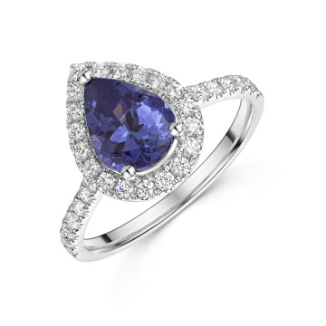 18ct White Gold Pear Shape 1.65ct Tanzanite & Diamond Halo Ring
