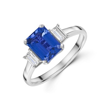 18ct White Gold 1.98ct Octagonal Tanzanite & Diamond 3 Stone Ring