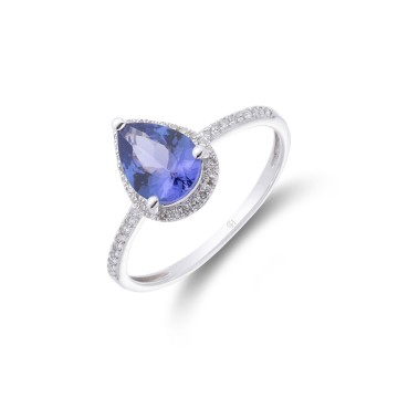 9ct White Gold Pear Cut Tanzanite 1.12ct Diamond Halo Ring
