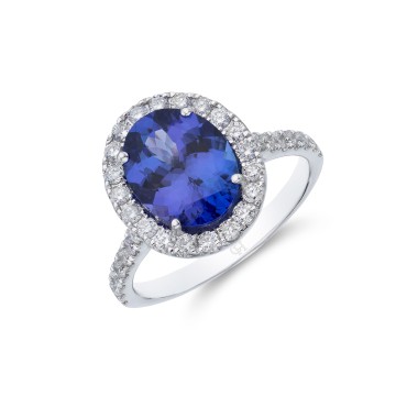 Platinum 2.60ct Tanzanite and 0.59ct Round Brilliant Diamond Halo Ring
