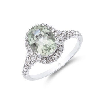 18ct White Gold Oval Green Amethyst and Diamond Halo 2.23ct Halo Ring