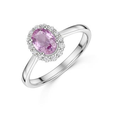 18ct White Gold 0.90ct Oval Cut Pink Sapphire Ring with Traditional Diamond Halo