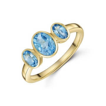 9ct Yellow Gold 1.15ct Oval Blue Topaz Bezel Set 3 Stone Ring
