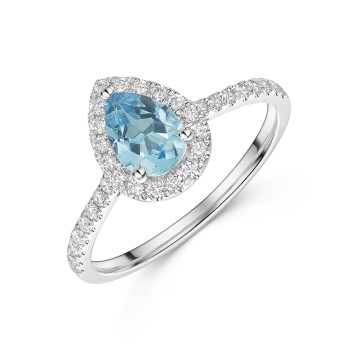 18ct White Gold 0.80ct Pear Shape Blue Topaz Ring with Diamond Halo and Shoulders