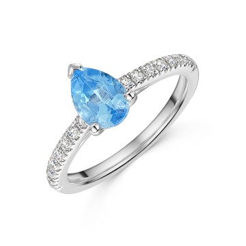 Platinum 1.00ct Pear Cut Blue Topaz with Diamond Shoulders Ring