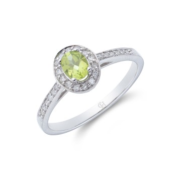 9ct White Gold Solitaire Oval Cut Peridot and Diamond 0.53ct Halo Ring