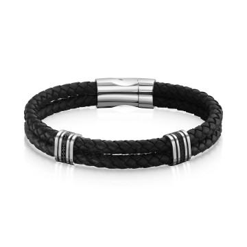 Gents Stainless Steel & Leather Double Strap Linked Bracelet
