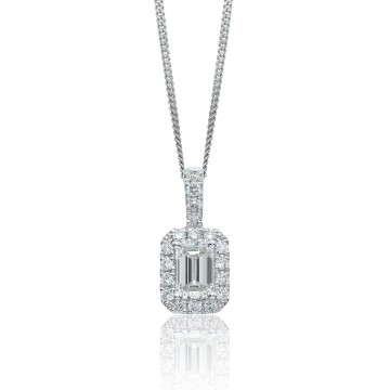 18ct White Gold Emerald Cut 0.41ct Diamond Halo Pendant