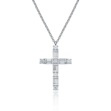 18ct White Gold Baguette And Brilliant Cut 0.41ct Diamond Cross Pendant