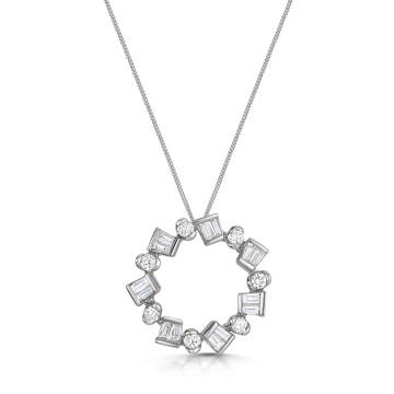 18ct White Gold Baguette & Round Brilliant 0.65ct Diamond Circle Pendant - Chisholm Hunter Exclusive