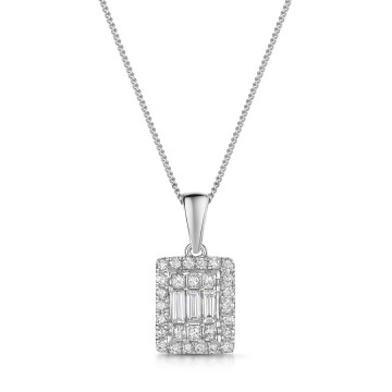 9ct White Gold Baguette & Round Brilliant Cut 0.50ct Diamond Cluster Pendant