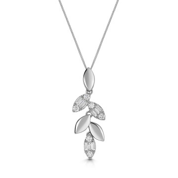 9ct White Gold Baguette & Round Brilliant Cut 0.25ct Diamond Leaf Style Drop Pendant