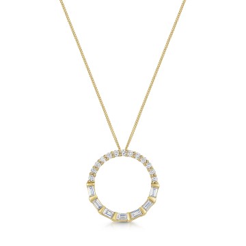 9ct Yellow Gold Baguette & Round Brilliant Cut 0.20ct Diamond Circle Pendant
