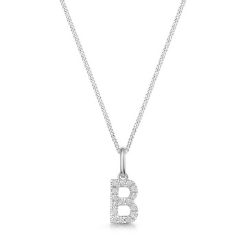 9ct White Gold Round Brilliant 0.07ct Diamond Initial B Pendant