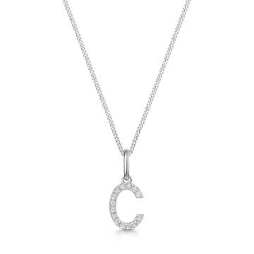 9ct White Gold Round Brilliant 0.05ct Diamond Initial C Pendant