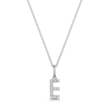 9ct White Gold Round Brilliant 0.07ct Diamond Initial E Pendant