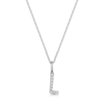 9ct White Gold Round Brilliant 0.04ct Diamond Initial L Pendant