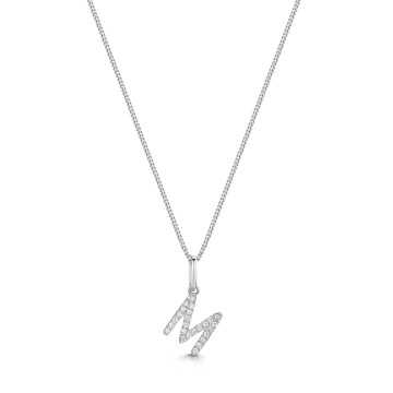 9ct White Gold Round Brilliant 0.08ct Diamond Letter M Pendant