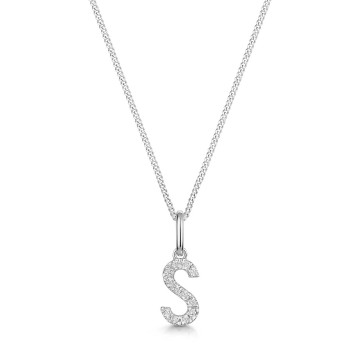 9ct White Gold Round Brilliant 0.06ct Diamond Initial S Pendant