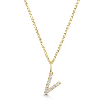 9ct Yellow Gold Round Brilliant 0.05ct Diamond Initial V Pendant