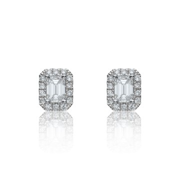 18ct White Gold Emerald Cut 0.74ct Diamond Halo Stud Earrings