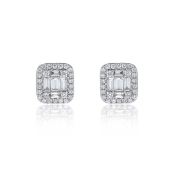 9ct White Gold Baguette and Round Brilliant 0.74ct Diamond Cluster Earrings