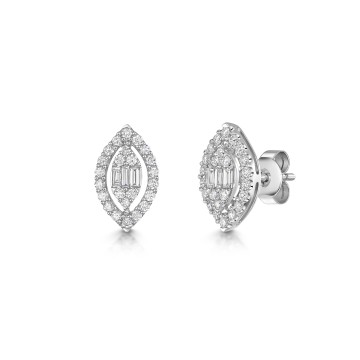 9ct White Gold Baguette & Round Brilliant Cut 0.50ct Diamond Marquise Shape Earrings