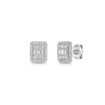 9ct White Gold Baguette & Round Brilliant Cut 0.50ct Diamond Cluster Earrings