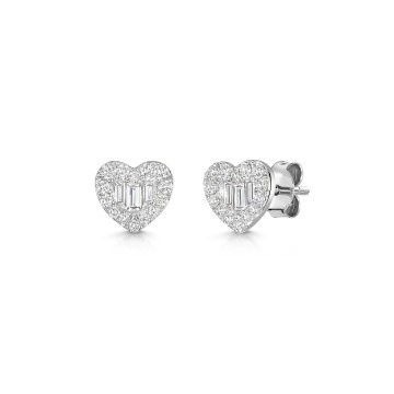 9ct White Gold Baguette & Round Brilliant Cut 0.60ct Diamond Heart Earrings