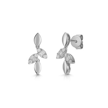9ct White Gold Baguette & Round Brilliant Cut 0.25ct Diamond Leaf Style Drop Earrings