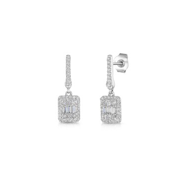 9ct White Gold Baguette & Round Brilliant Cut 0.65ct Diamond Cluster Drop Earrings
