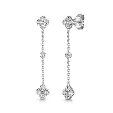 9ct White Gold Round Brilliant 0.33ct Diamond Clover Shape Chain Style Drop Earrings - Exclusive to CH
