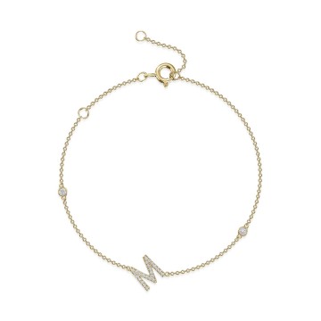9ct Yellow Gold Round Brilliant 0.13ct Diamond Initial M Bracelet
