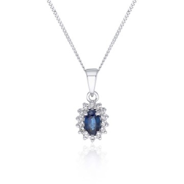 9ct White Gold 0.35ct Oval Sapphire and 0.06ct Diamond Halo Pendant