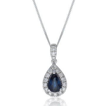 9ct White Gold Round Brilliant 0.19ct Diamond and Pear Cut Sapphire Halo Pendant