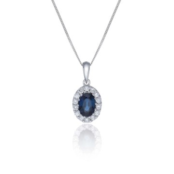 9ct White Gold Diamond 0.15ct and Sapphire Halo Pendant 