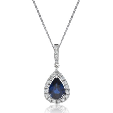 18ct White Gold Pear Cut 0.90ct Sapphire And 0.24ct Diamond Halo Pendant