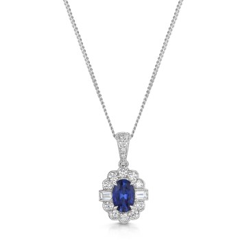 18ct White Gold 1.47ct Oval Cut Blue Sapphire & 2.04ct Mixed Cut Diamond Halo Pendant