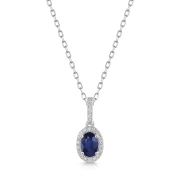 18ct White Gold Oval Cut Blue Sapphire with Diamond Halo 0.70ct Pendant