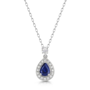 18ct White Gold Pear Cut Blue Sapphire with Diamond Halo Drop Pendant