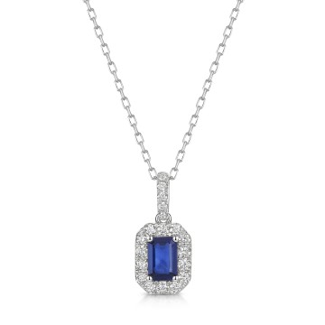 18ct White Gold Octagonal Cut Blue Sapphire 0.70ct with Diamond Halo Pendant