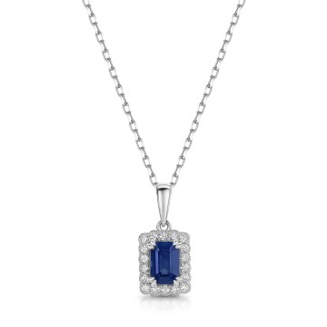 18ct White Gold Octagonal Cut 0.70ct Blue Sapphire with 0.15ct Diamond Halo Pendant