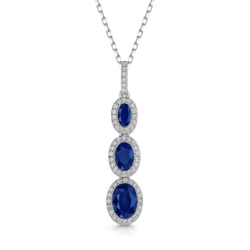 18ct White Gold Oval Cut 1.80ct Blue Sapphire and 0.20ct Diamond Halo Drop Pendant