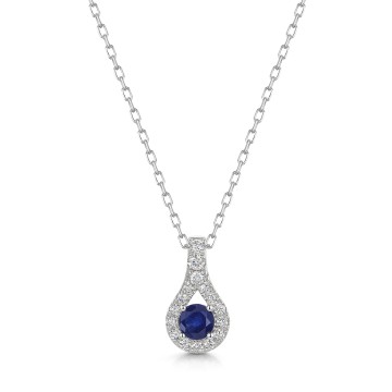 18ct White Gold Round Brilliant Blue Sapphire 0.33ct and Diamond Tear Drop Pendant