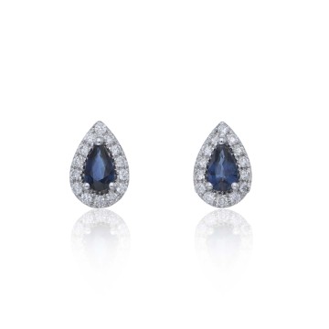 9ct White Gold Pear Cut Sapphire & Diamond Halo Earrings