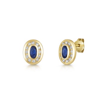 9ct Yellow Gold 1.18ct Oval Sapphire and Round Brilliant Diamond Halo Earrings