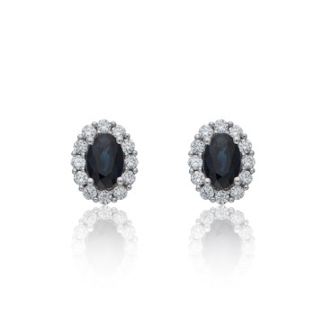 18ct White Gold Oval Cut Sapphire 1.61ct Diamond Halo Stud Earrings
